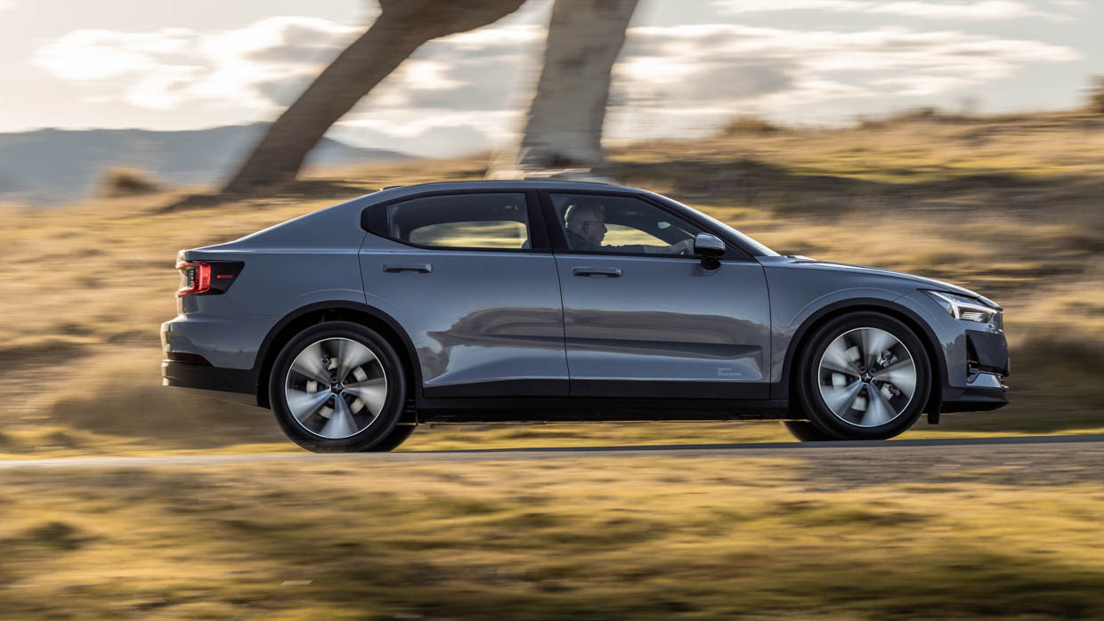 MY24 Polestar 2 long range single motor driving shot side angle