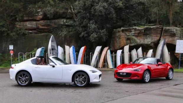 2017 Mazda MX-5 RF 2.0 GT Crystal White and 2017 Mazda MX-5 1.5 Roadster Soul Red