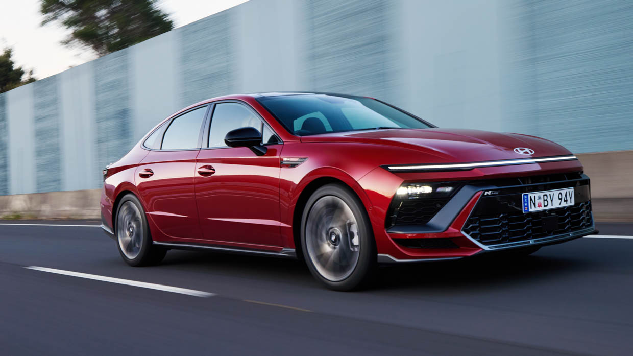 2024 Hyundai Sonata N-Line front 3/4 low angle driving shot